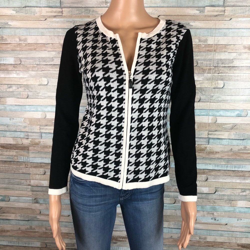 Talbots Houndstooth Knit Zip Up Cardigan 0P 2P